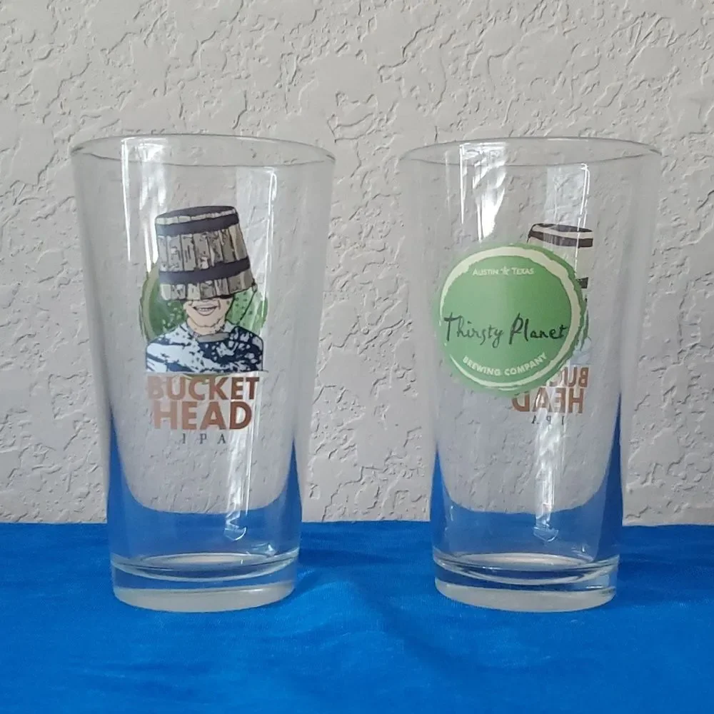 Thirsty Planet Brewing Bucket Head IPA Pint Glasses Set of 2 Austin Texas Beer